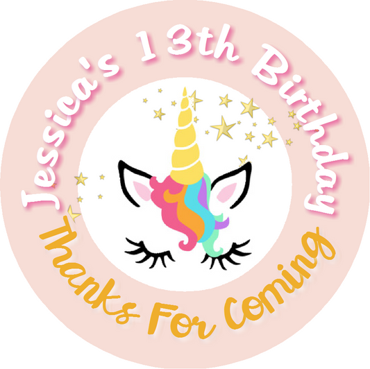 Unicorn Face Rose Gold Pink Eyelashes Birthday Party Favors Personalized Round Stickers Supplies Labels ideas