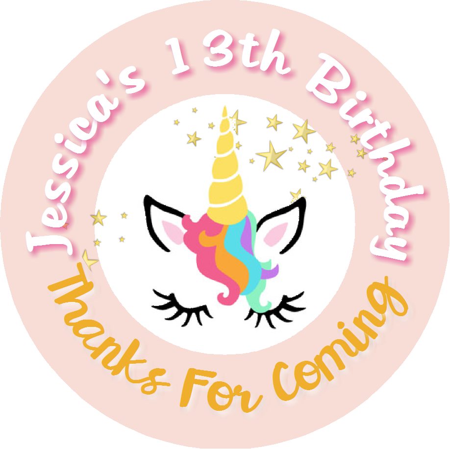 Unicorn Face Rose Gold Pink Eyelashes Birthday Party Favors Personalized Round Stickers Supplies Labels ideas