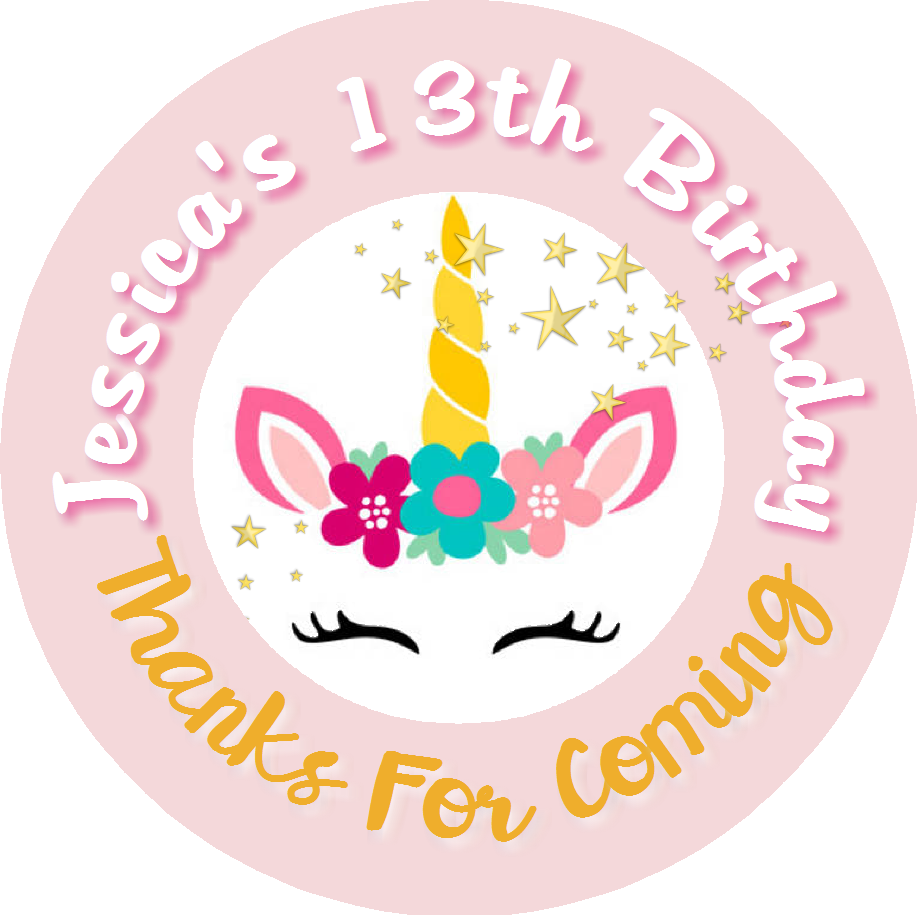 Unicorn Face Rose Gold Pink Eyelashes Birthday Party Favors Personalized Round Stickers Supplies Labels ideas