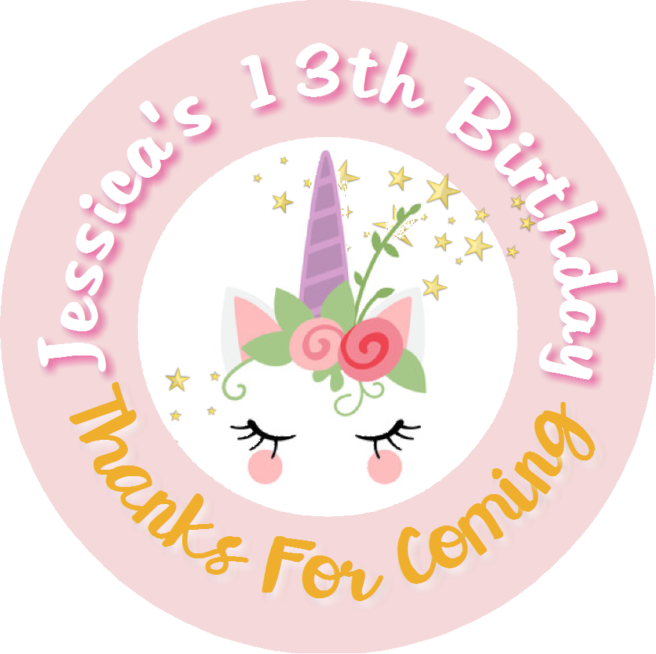 Unicorn Face Rose Gold Pink Eyelashes Birthday Party Favors Personalized Round Stickers Supplies Labels ideas