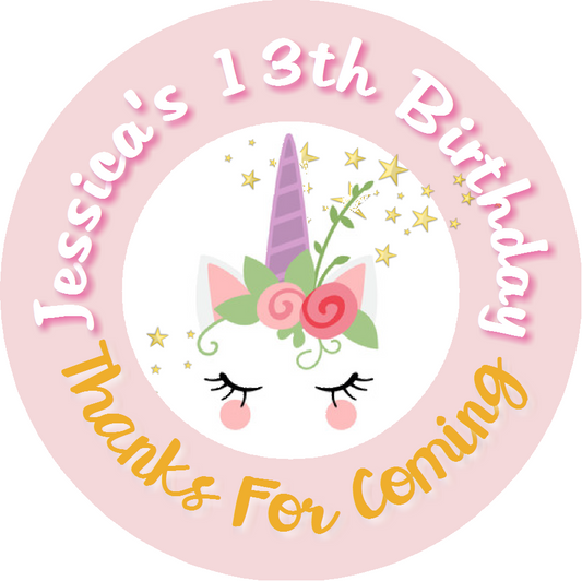 Unicorn Face Rose Gold Pink Eyelashes Birthday Party Favors Personalized Round Stickers Supplies Labels ideas