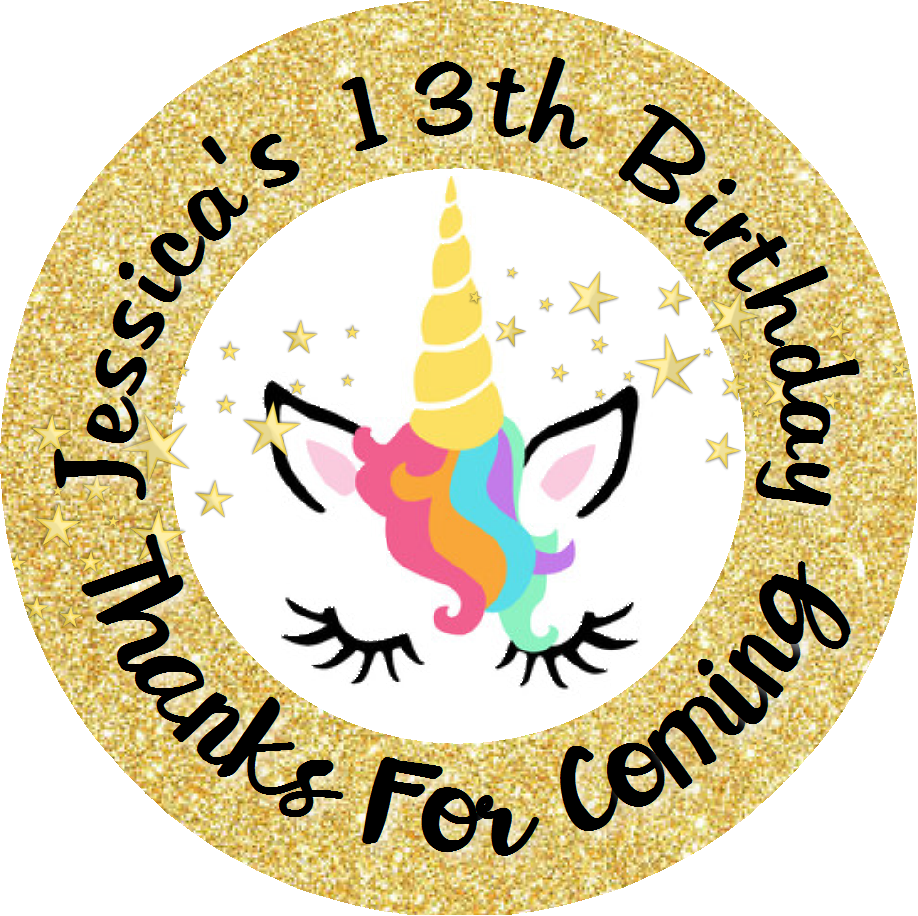 Unicorn Face Gold Glitter Eyelashes Birthday Party Favors Personalized Round Stickers Supplies Labels ideas