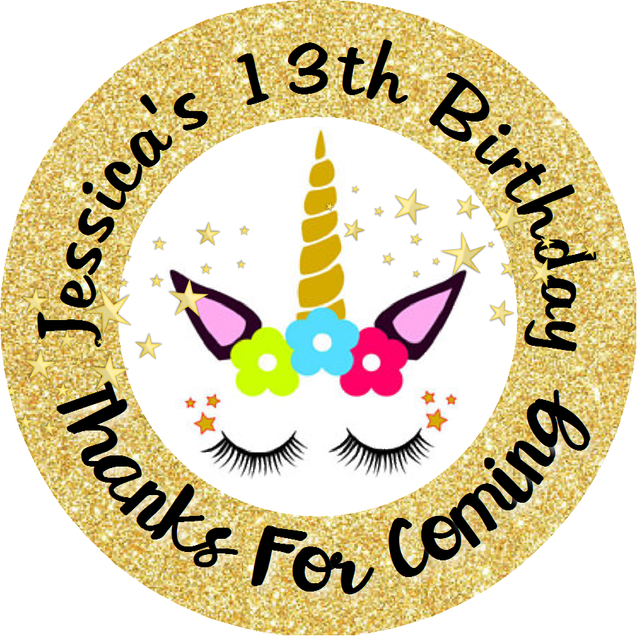 Unicorn Face Gold Glitter Eyelashes Birthday Party Favors Personalized Round Stickers Supplies Labels ideas