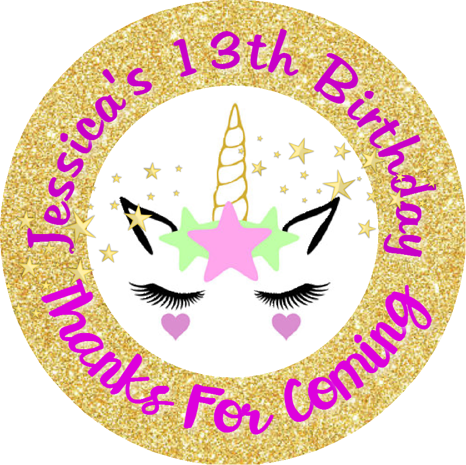 Unicorn Face Gold Glitter Eyelashes Birthday Party Favors Personalized Round Stickers Supplies Labels ideas