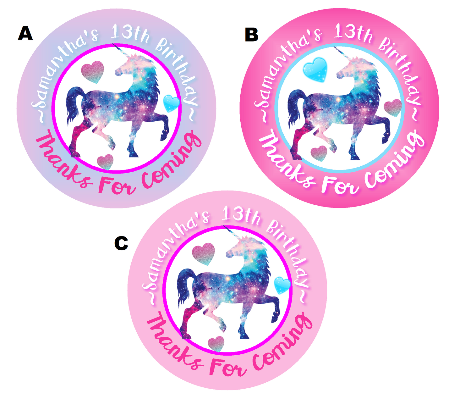 Pink Purple Blue Unicorn Silhouette Birthday Party Favors Personalized Round Stickers Supplies Labels ideas