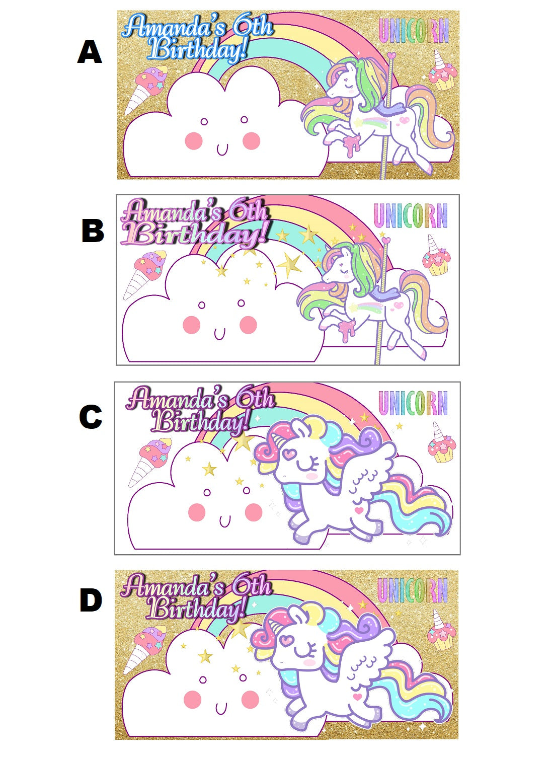 Rainbow Unicorn Glitter Gold Pink Blue Purple Party Favors Stickers Gable Box Favor Bags Labels Personalized Rectangle Birthday Supplies ideas