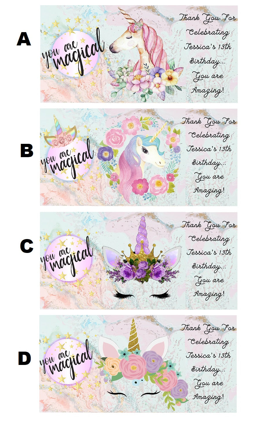 Unicorn Head Pink Blue Purple Flowers Party Favors Stickers Gable Box Favor Bags Labels Personalized Rectangle Birthday Supplies ideas