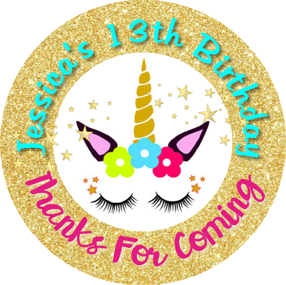 Unicorn Face Gold Glitter Eyelashes Birthday Party Favors Personalized Round Stickers Supplies Labels ideas