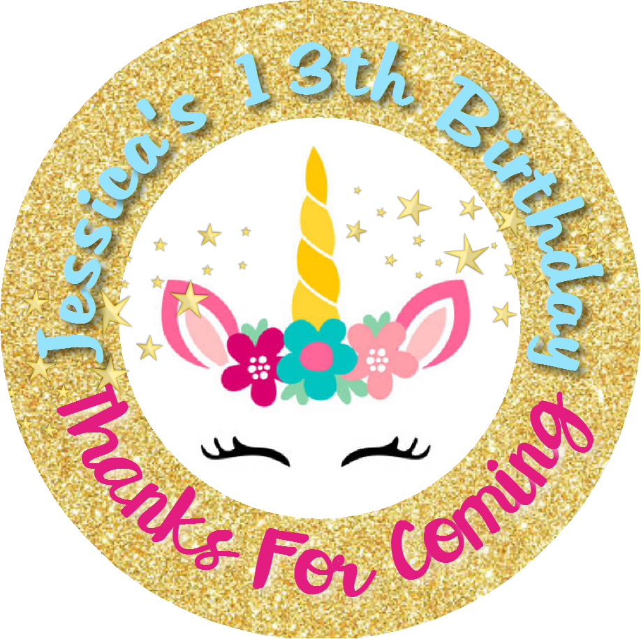 Unicorn Face Gold Glitter Eyelashes Birthday Party Favors Personalized Round Stickers Supplies Labels ideas