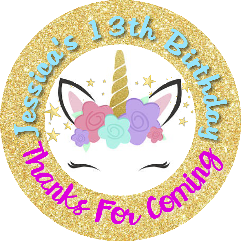 Unicorn Face Gold Glitter Eyelashes Birthday Party Favors Personalized Round Stickers Supplies Labels ideas