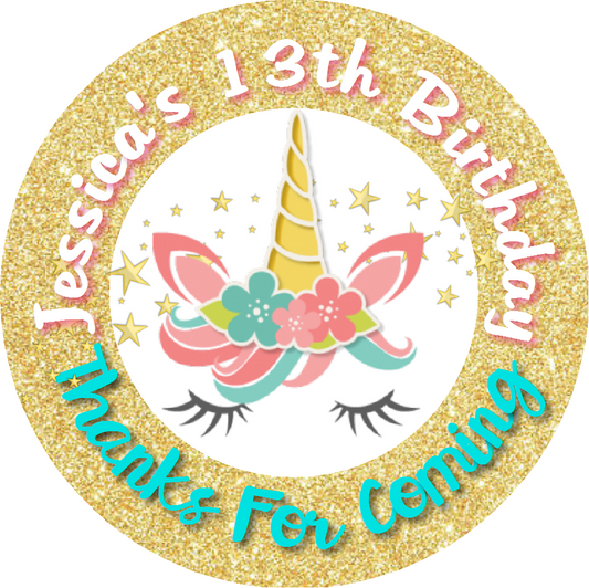 Unicorn Face Gold Glitter Eyelashes Birthday Party Favors Personalized Round Stickers Supplies Labels ideas