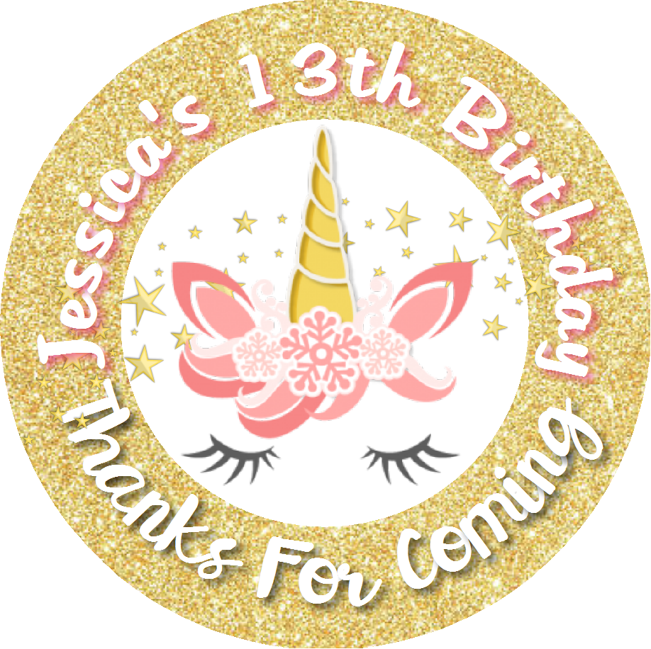 Unicorn Face Gold Glitter Eyelashes Birthday Party Favors Personalized Round Stickers Supplies Labels ideas