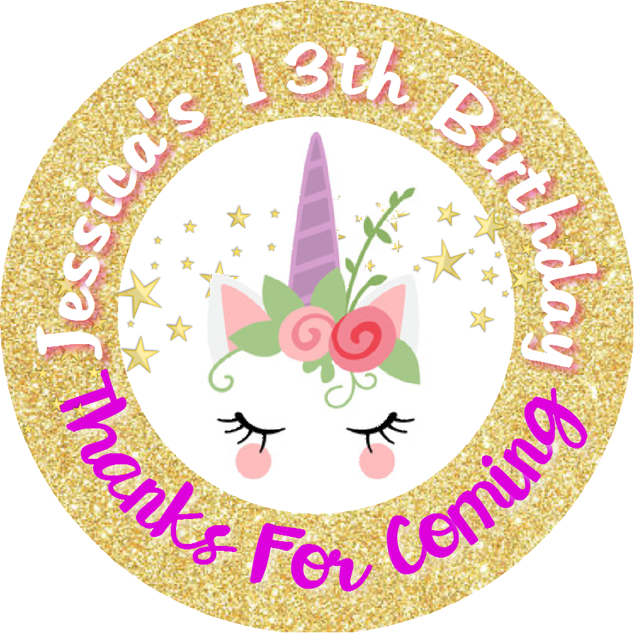 Unicorn Face Gold Glitter Eyelashes Birthday Party Favors Personalized Round Stickers Supplies Labels ideas