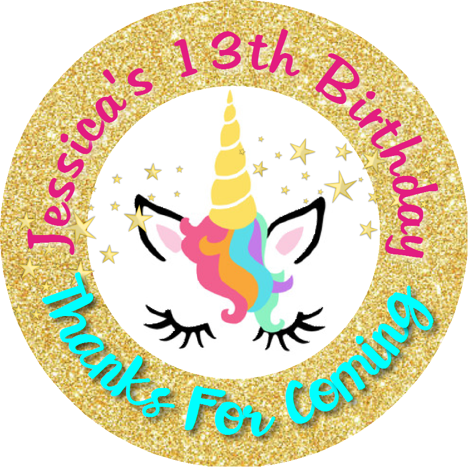 Unicorn Face Gold Glitter Eyelashes Birthday Party Favors Personalized Round Stickers Supplies Labels ideas