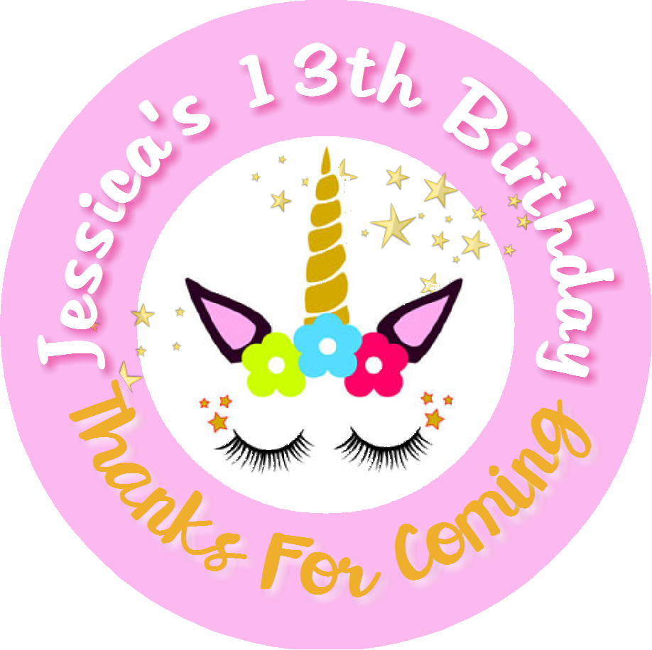 Unicorn Face Rose Gold Pink Eyelashes Birthday Party Favors Personalized Round Stickers Supplies Labels ideas