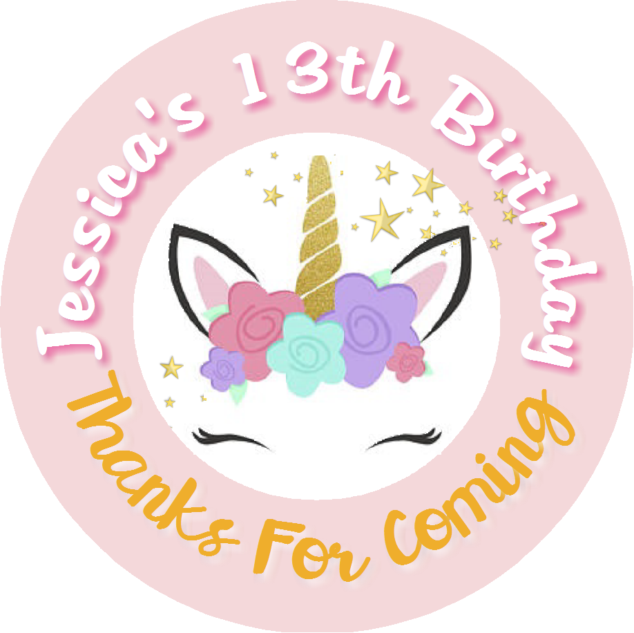 Unicorn Face Rose Gold Pink Eyelashes Birthday Party Favors Personalized Round Stickers Supplies Labels ideas