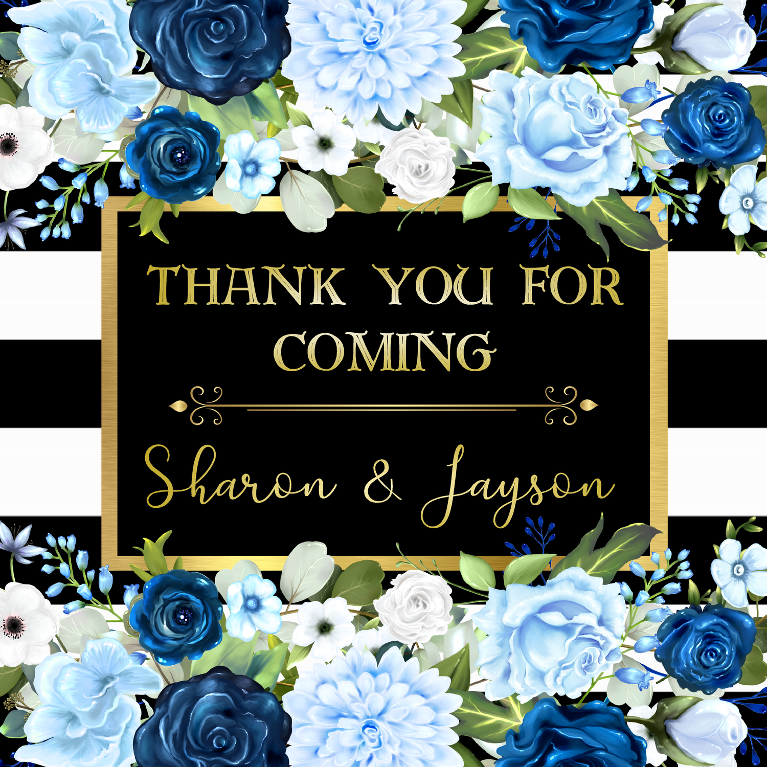 Blue Floral black and white striped party favors stickers supplies and ideas