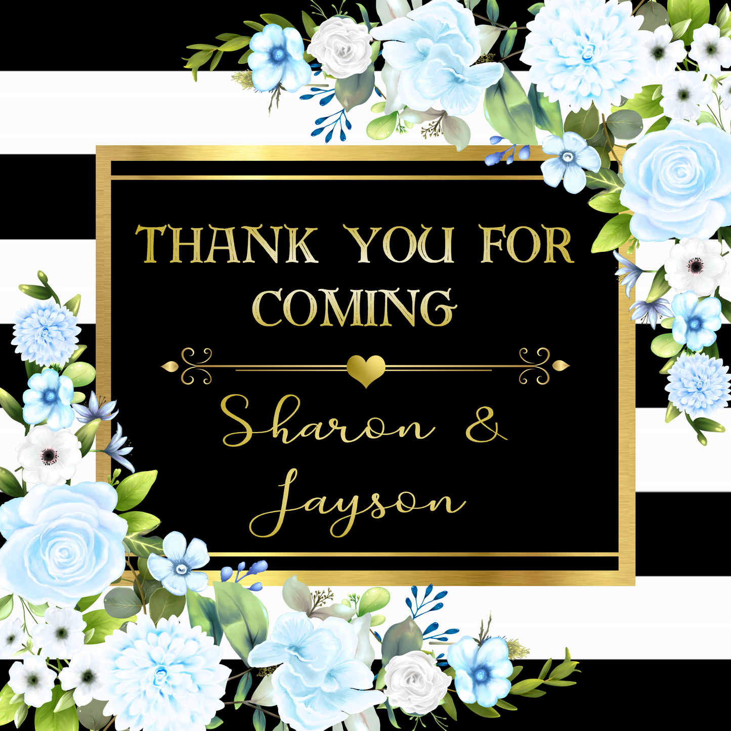 Floral Party Stickers Labels Blue Black Gold and White Flowers Striped Personalized Square Birthday Party Wedding Bridal Shower Favors Supplies