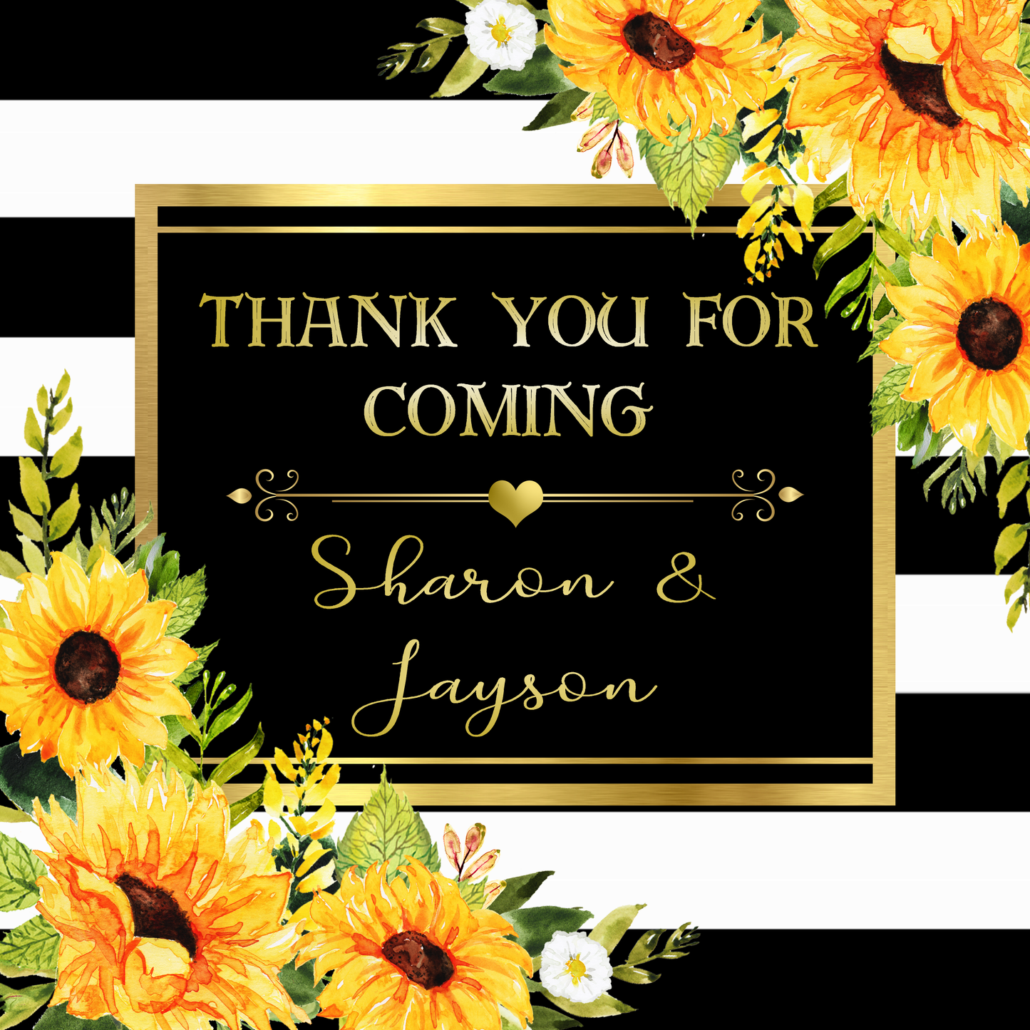 Sunflowers Party Stickers Labels Yellow Orange Black Gold and White Striped Personalized Square Birthday Party Wedding Bridal Shower Favors Supplies