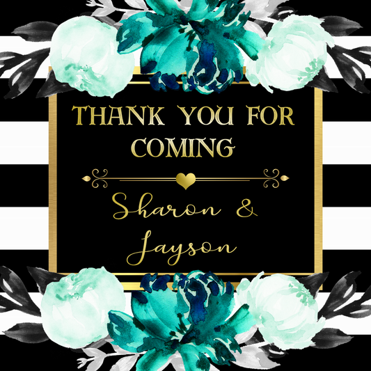 Floral Party Stickers Labels Teal Turquoise Aua Gray Watercolor Gold and White Flowers Striped Personalized Square Birthday Party Wedding Bridal Shower Favors Supplies