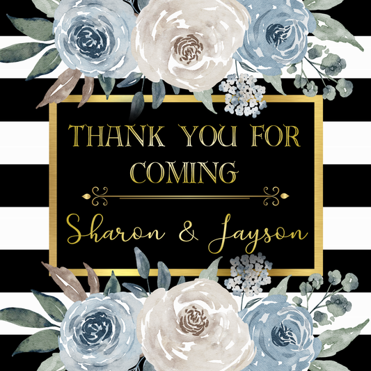 Floral Party Stickers Labels Watercolor Chalky Slate Blue Gray Rose Roses Black Gold and White Flowers Striped Personalized Square Birthday Party Wedding Bridal Shower Favors Supplies