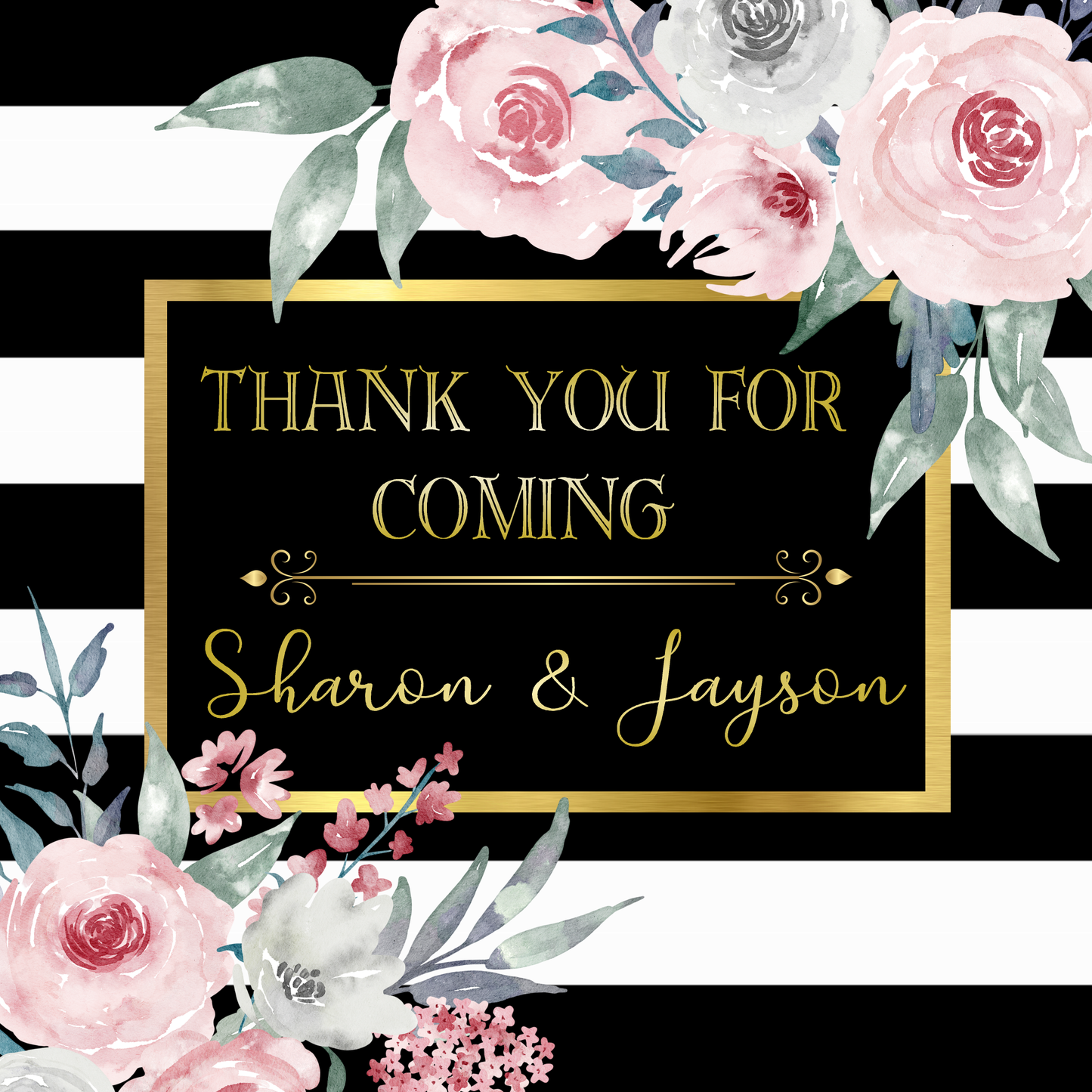 Floral Party Stickers Label Watercolor Dusty Rose Pink Green Roses Black Gold and White Flowers Striped Personalized Square Birthday Party Wedding Bridal Shower Favors Supplies