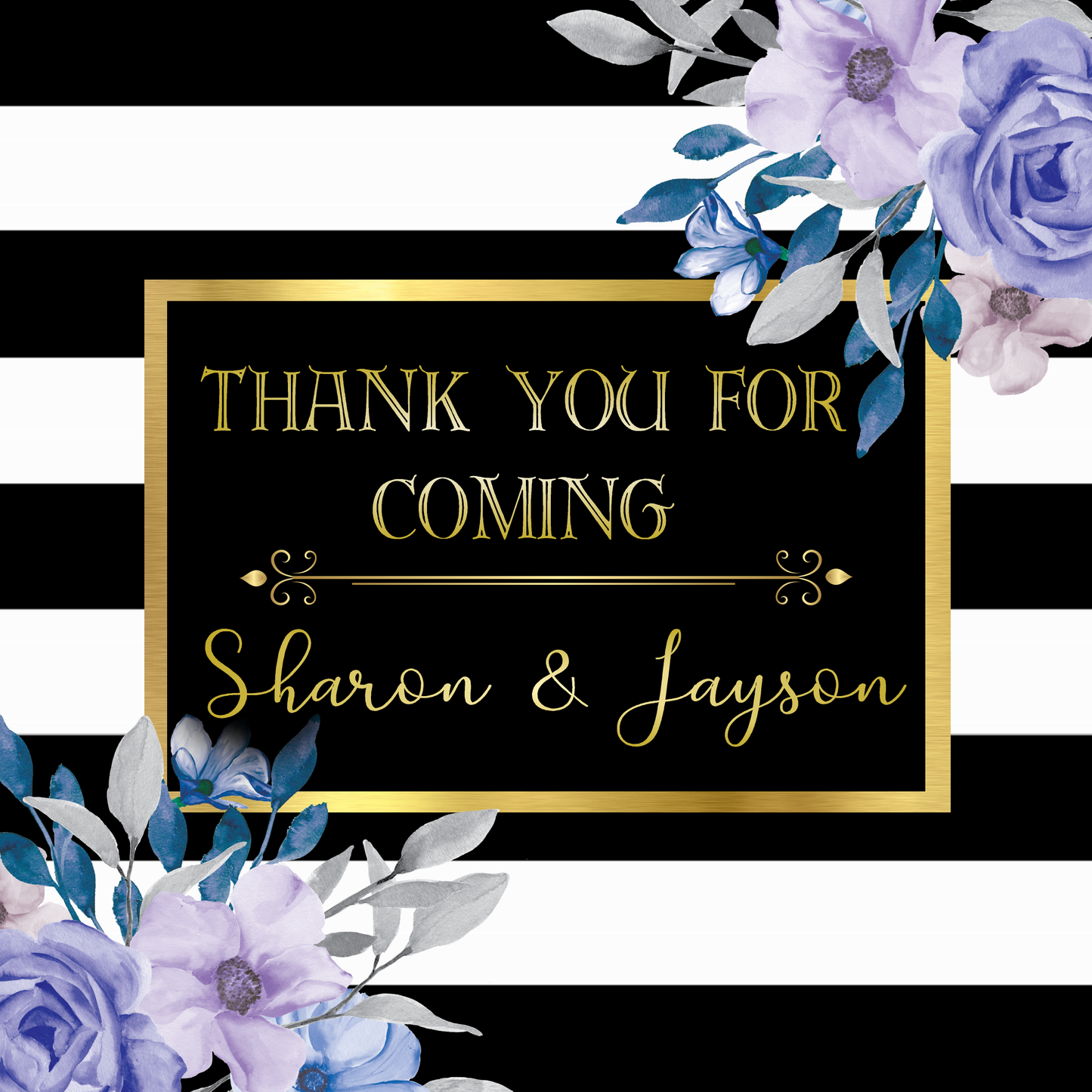 Floral Party Stickers Labels Watercolor Purple Lavender Lilac Navy Blue Gray Roses Black Gold and White Flowers Striped Personalized Square Birthday Party Wedding Bridal Shower Favors Supplies