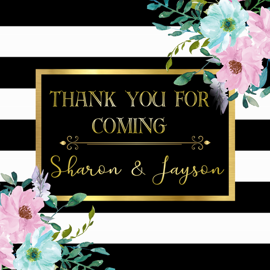 Floral Party Stickers Labels Watercolor Pink Teal Aqua Turquoise Black Gold and White Flowers Striped Personalized Square Birthday Party Wedding Bridal Shower Favors Supplies