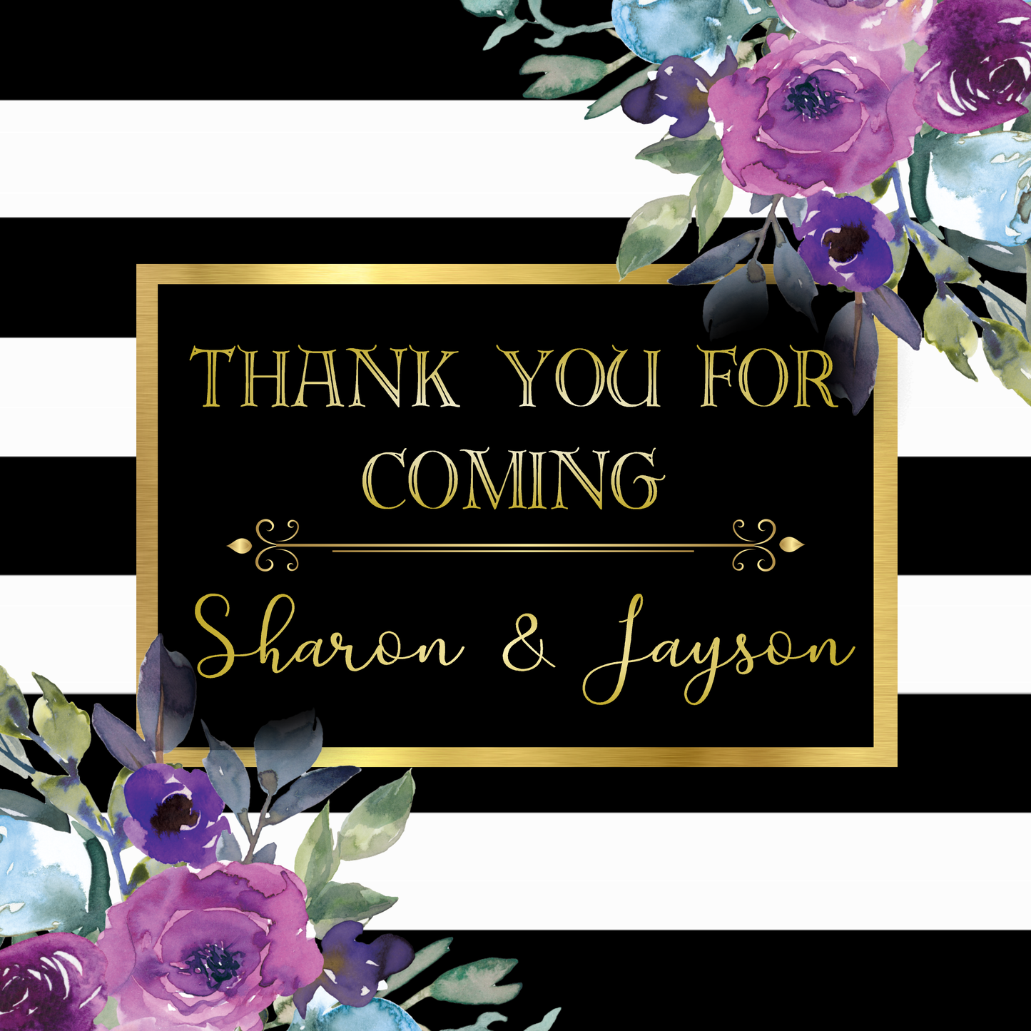 Floral Party Stickers Labels Watercolor Purple Aqua Blue Turquoise Roses Black Gold and White Flowers Striped Personalized Square Birthday Party Wedding Bridal Shower Favors Supplies