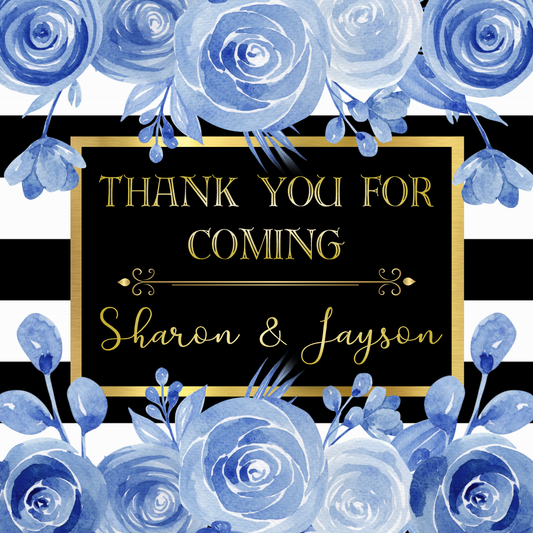 Floral Party Stickers Labels Watercolor Chalky Blue Rose Roses Black Gold and White Flowers Striped Personalized Square Birthday Party Wedding Bridal Shower Favors Supplies