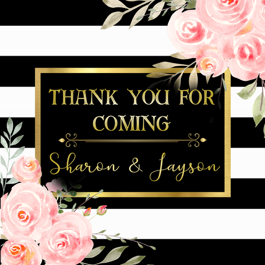 Floral Party Stickers Labels Watercolor Dusty Rose Pink Salmon Coral Black Gold and White Flowers Striped Personalized Square Birthday Party Wedding Bridal Shower Favors Supplies