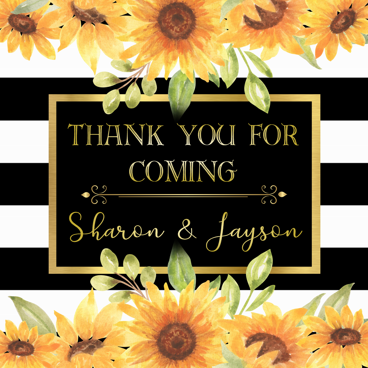 Sunflowers Party Stickers Labels Watercolor Yellow Orange Black Gold and White Striped Personalized Square Birthday Party Wedding Bridal Shower Favors Supplies