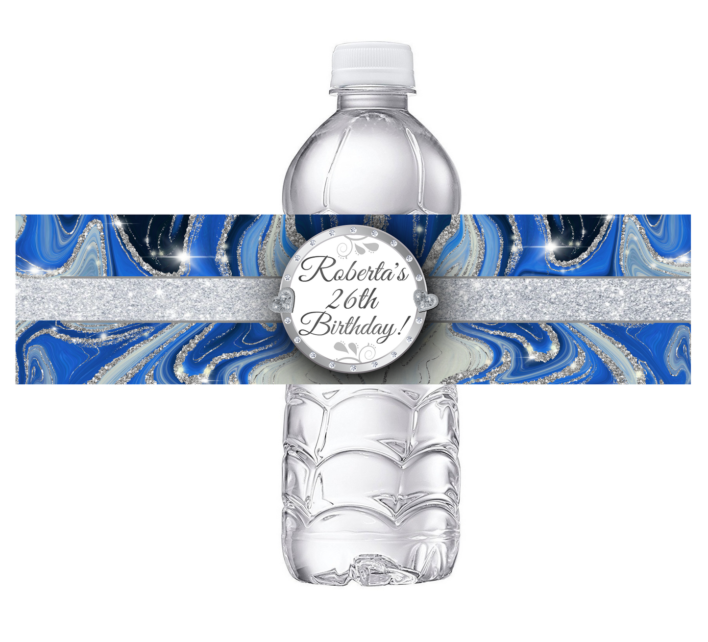 Blue Silver Glitter and White Marble Party Favors Birthday Water Bottle Labels Wrappers Supplies Personalized ideas decor Unique