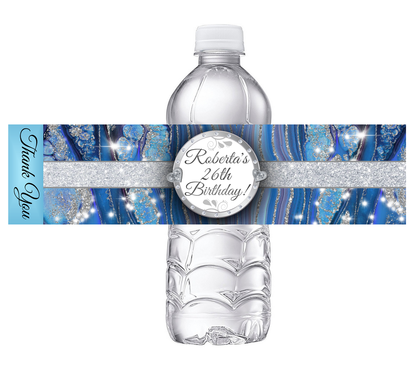 Blue Silver Glitter and White Marble Party Favors Birthday Water Bottle Labels Wrappers Supplies Personalized ideas decor Unique