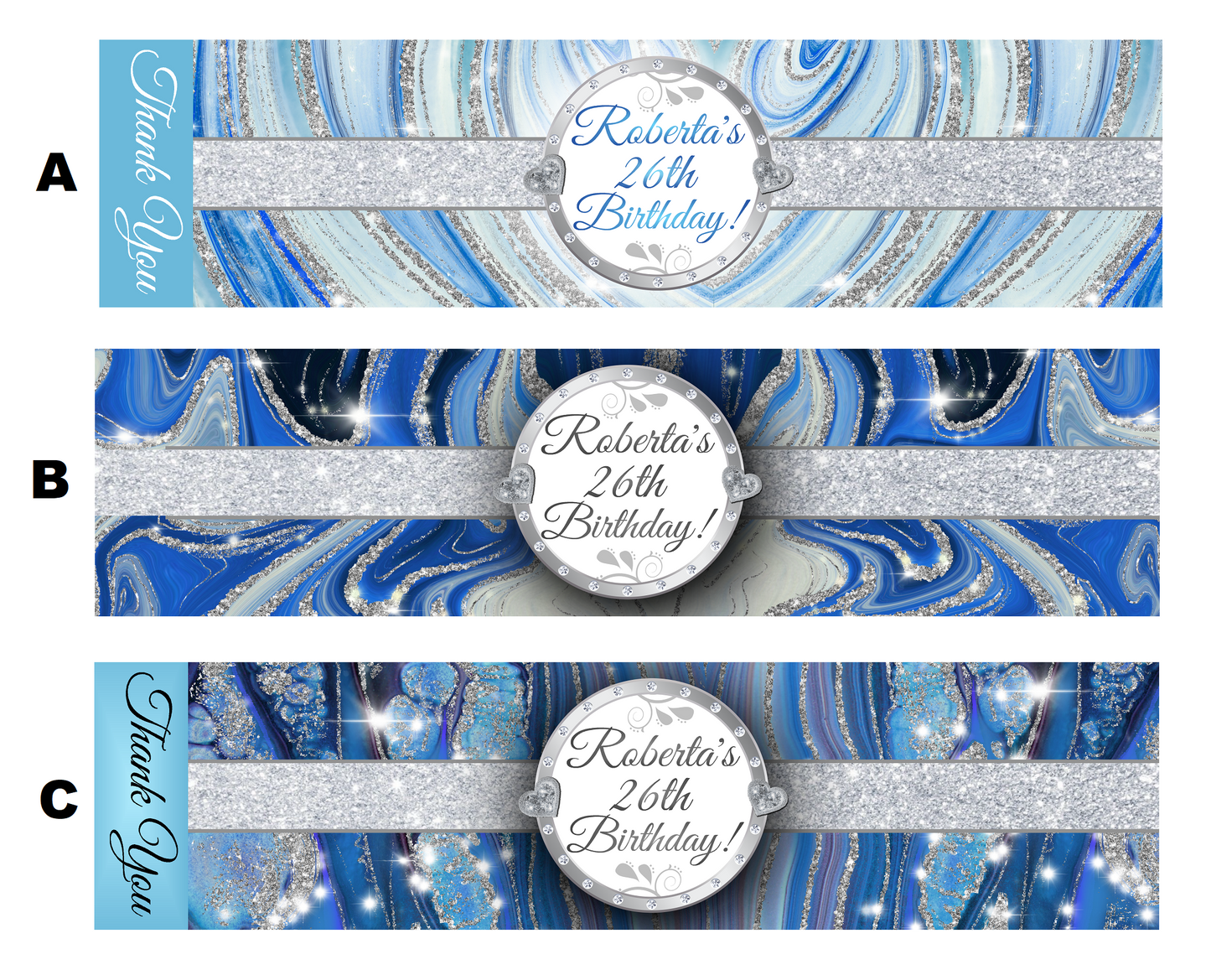 Blue Silver Glitter and White Marble Party Favors Birthday Water Bottle Labels Wrappers Supplies Personalized ideas decor Unique