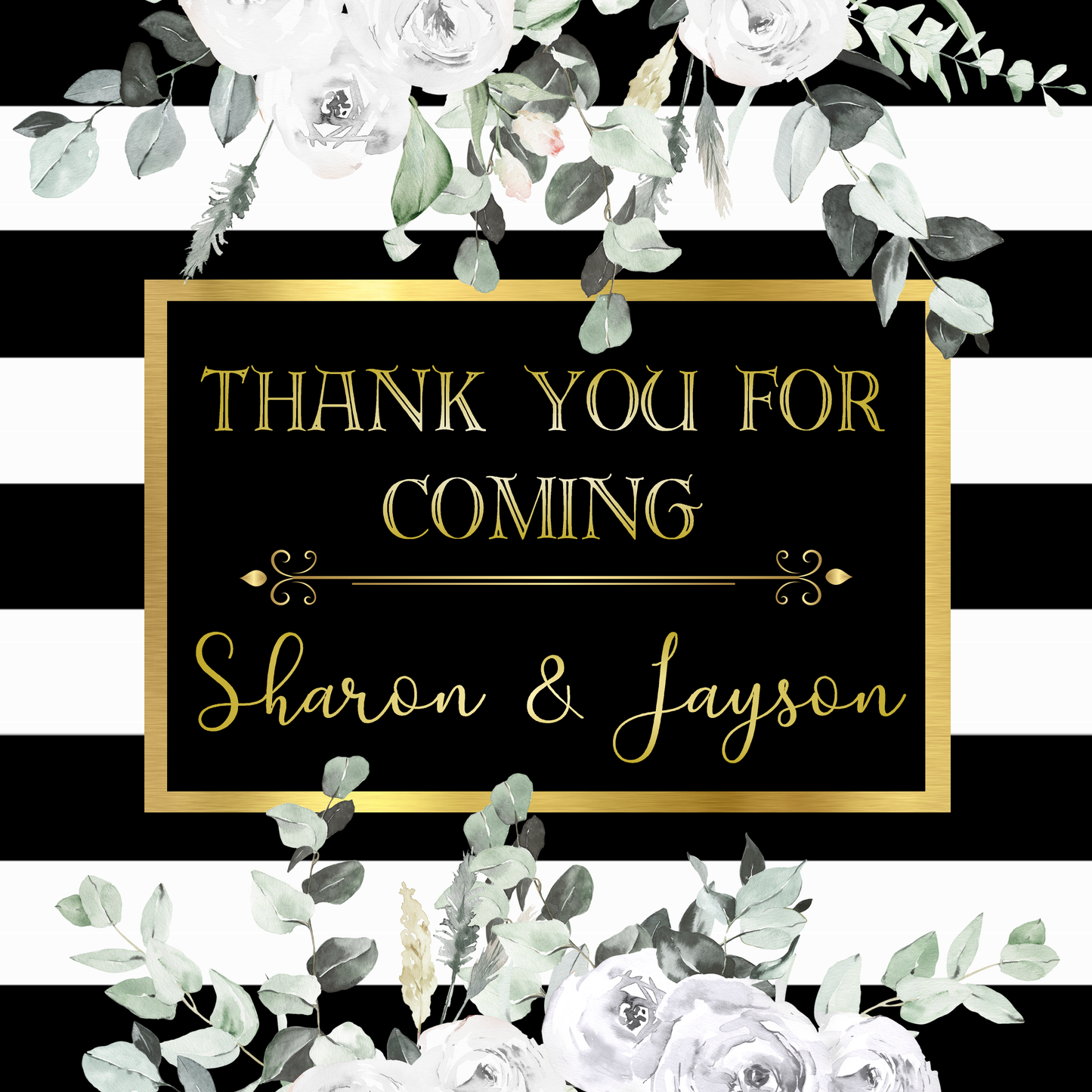 Floral Party Stickers Labels Watercolor Gray Green Black Gold and White Flowers Striped Personalized Square Birthday Party Wedding Bridal Shower Favors Supplies