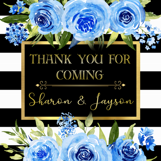 Floral Party Stickers Labels Watercolor Blue Navy Rose Roses Black Gold and White Flowers Striped Personalized Square Birthday Party Wedding Bridal Shower Favors Supplies