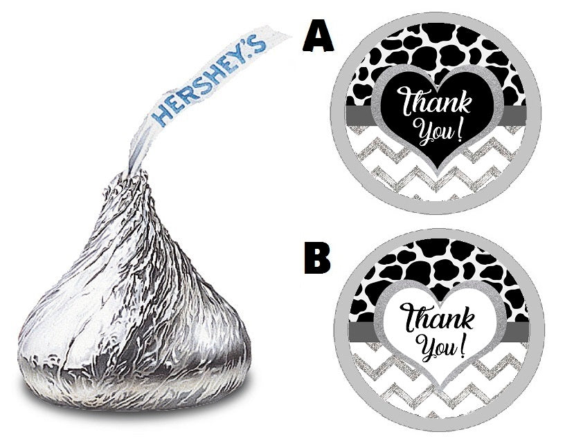 Party Favors Black White Gray and Silver Cow Print Chevron Hershey Kiss Kisses Labels Stickers Birthday Wedding Bridal Baby Shower Graduation   Supplies Favors