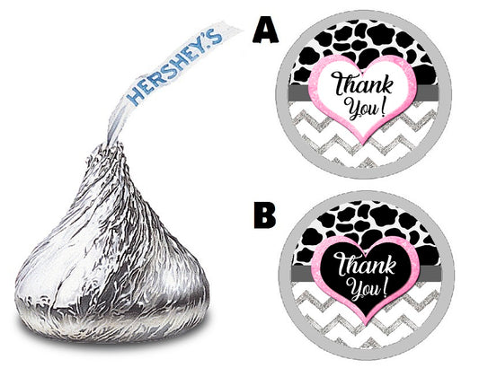 Party Favors Black White Gray and Pink Cow Print Chevron Hershey Kiss Kisses Labels Stickers Birthday Wedding Bridal Baby Shower Graduation   Supplies Favors