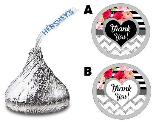 Party Favors Black White Silver and Pink Floral Striped Stripes Kate Spade Hershey Kiss Kisses Labels Stickers Birthday Wedding Bridal Baby Shower Graduation   Supplies Favors