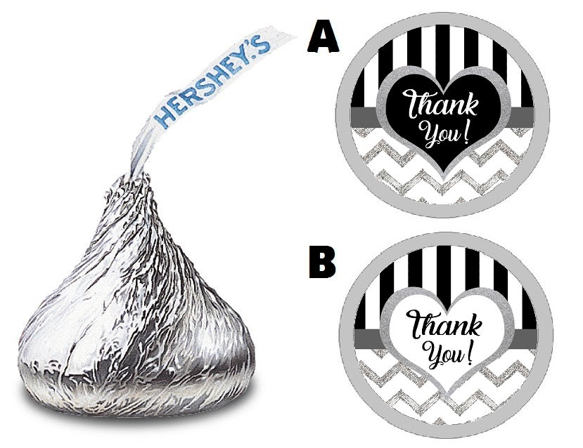 Party Favors Black White and Silver Chevron Striped Stripes Hershey Kiss Kisses Labels Stickers Birthday Wedding Bridal Baby Shower Graduation   Supplies Favors