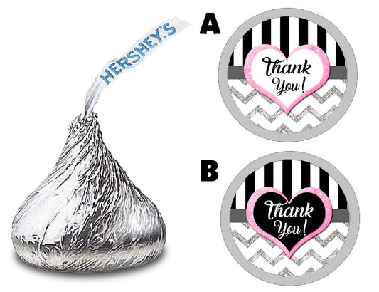 Party Favors Black White and Pink Chevron Striped Stripes Hershey Kiss Kisses Labels Stickers Birthday Wedding Bridal Baby Shower Graduation   Supplies Favors