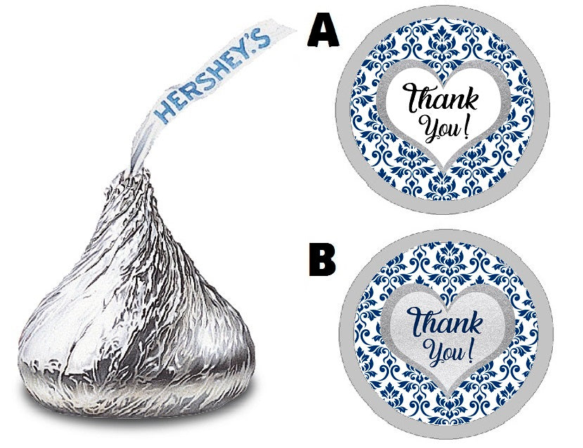 Party Favors Navy Blue Black Silver and White Damask Hershey Kiss Kisses Labels Stickers Birthday Wedding Bridal Baby Shower Graduation   Supplies Favors