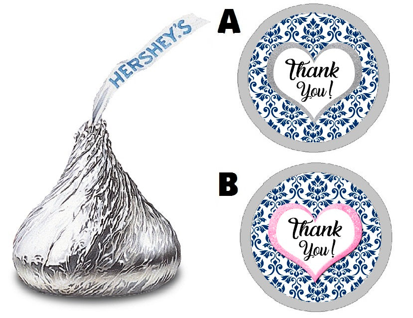 Party Favors Navy Blue Black Silver Pink and White Damask Hershey Kiss Kisses Labels Stickers Birthday Wedding Bridal Baby Shower Graduation   Supplies Favors