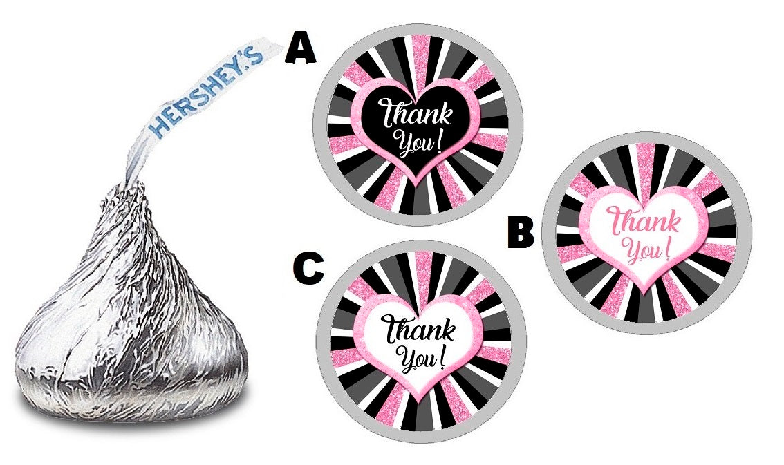 Party Favors Black Gray Pink and White Glitter Striped Stripes Hershey Kiss Kisses Labels Stickers Birthday Wedding Bridal Baby Shower Graduation   Supplies Favors