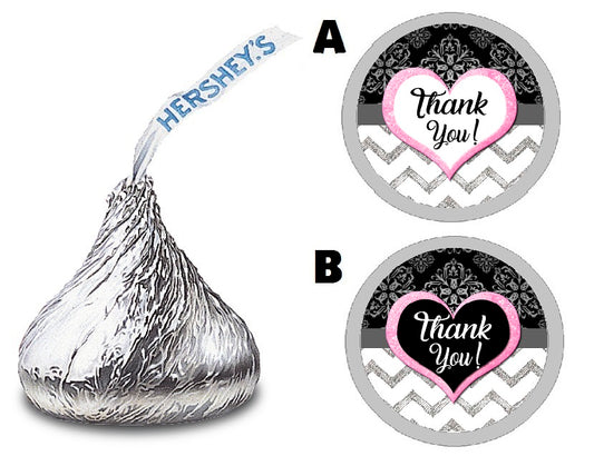 Party Favors Black Gray White and Pink Chevron Brocade Hershey Kiss Kisses Labels Stickers Birthday Wedding Bridal Baby Shower Graduation   Supplies Favors