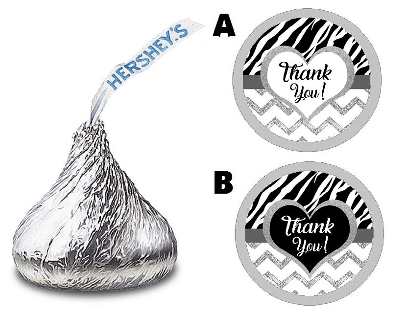 Party Favors Black White and Silver Chevron Zebra Print Hershey Kiss Kisses Labels Stickers Birthday Wedding Bridal Baby Shower Graduation   Supplies Favors