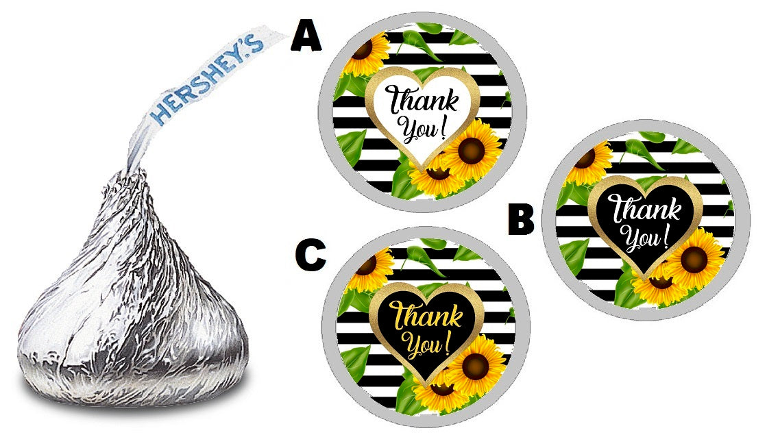 Party Favors Black Gold Yellow and White Sunflower Sunflowers Striped Hershey Kiss Kisses Labels Stickers Birthday Wedding Bridal Baby Shower Graduation   Supplies Favors