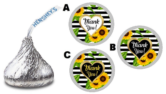 Party Favors Black Gold Yellow and White Sunflower Sunflowers Striped Hershey Kiss Kisses Labels Stickers Birthday Wedding Bridal Baby Shower Graduation   Supplies Favors