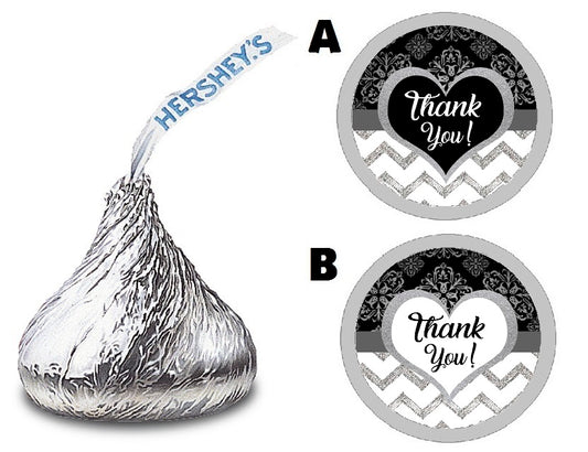 Party Favors Black Gray White and Silver Chevron Brocade Hershey Kiss Kisses Labels Stickers Birthday Wedding Bridal Baby Shower Graduation   Supplies Favors